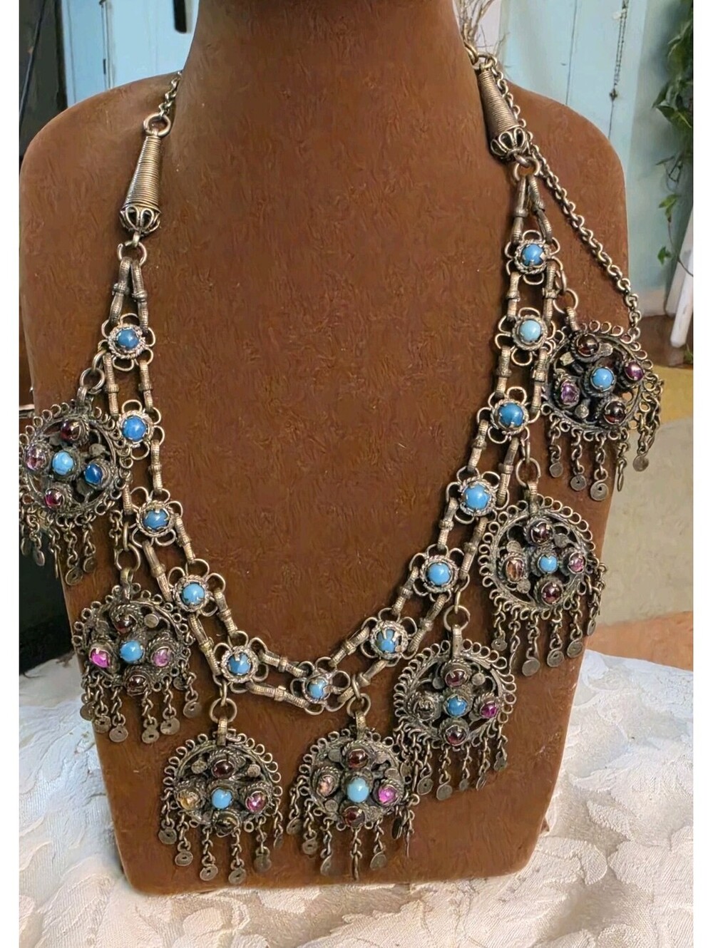 Vintage Egyptian Revival Tribal Silvertone Necklace With Multicolor Stones RARE